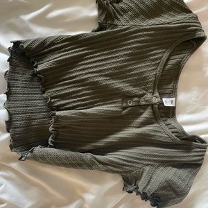 Forest green button up ruffle crop top